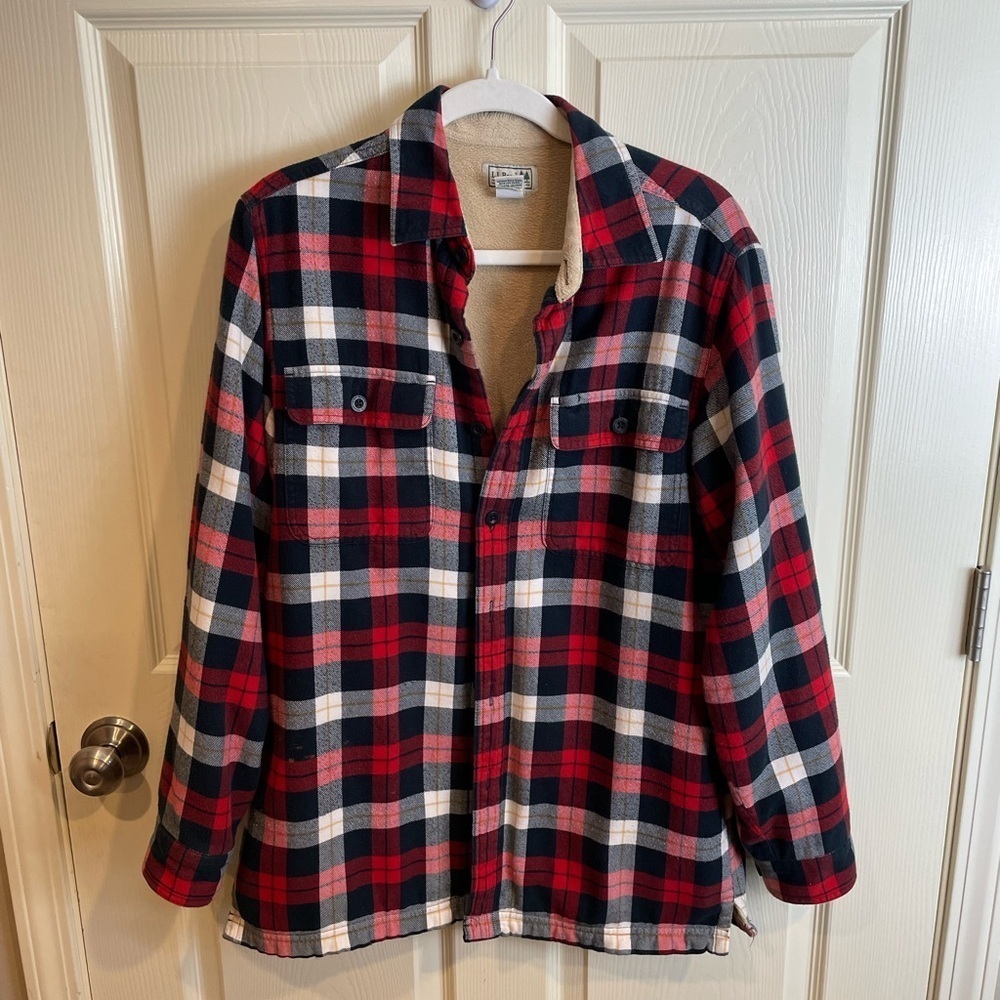 LL bean fleece lined Red and Black Plaid Flannel Shirt small